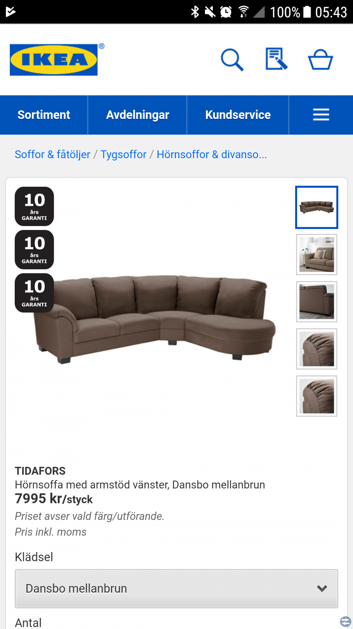 Tidafors hörnsoffa armstöd vänster