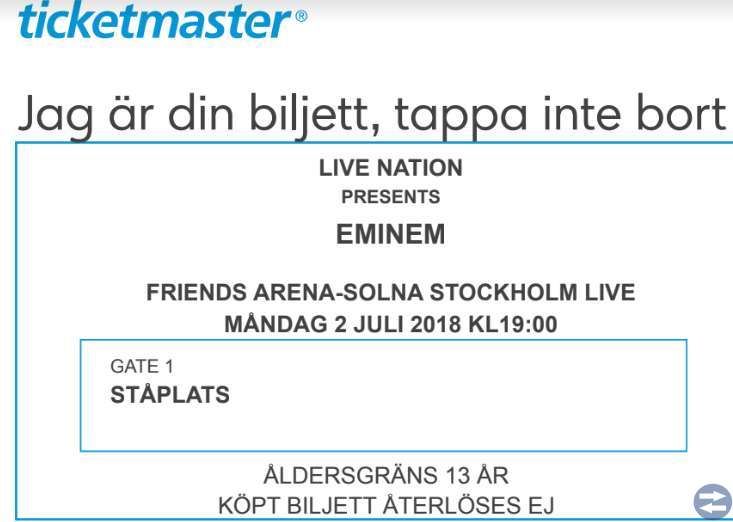 Eminem Stockholm 2/7 - Ståplats 2 biljetter